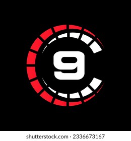 Car Automotive Logo On Letter 9 Speed Concept. Sport Car Symbol For Cars Service, Cars Repair With Speedometer Icon