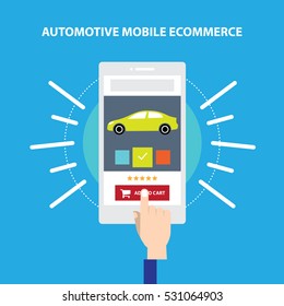 Car Automotive Website Store. Responsive mobile commerce transaction. Finger Hand touch screen in mobile purchase.