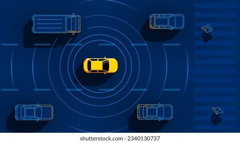 El auto con piloto automático se mueve a lo largo de la carretera. El concepto del futuro y del coche inteligente. Sensores automotores. Ilustración del vector