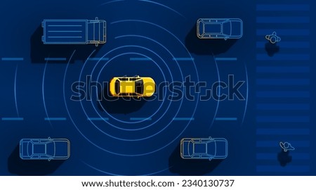 Car with autopilot moves along the road. The concept of the future and smart car. Automotive sensors. Vector illustration