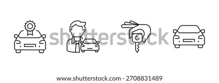 Car award, sales agent, key handover, vehicle front icon vector illustration for automotive service use.