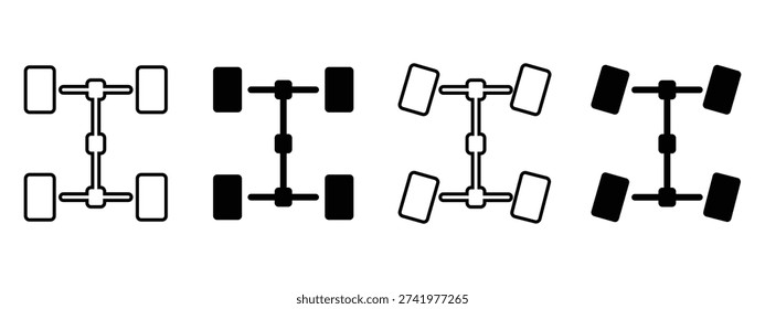 Car Axle Vector Icon Set with Filled and Outline Designs for 4x4, All-Wheel Drive, and Chassis Illustration