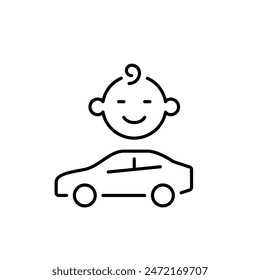 Cara de coche y bebé. Viaje familiar por carretera, seguridad en el asiento, alerta parental. Icono de Vector perfecto