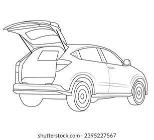 Un coche con puerta trasera abierta en formato negro y blanco y vectorial.