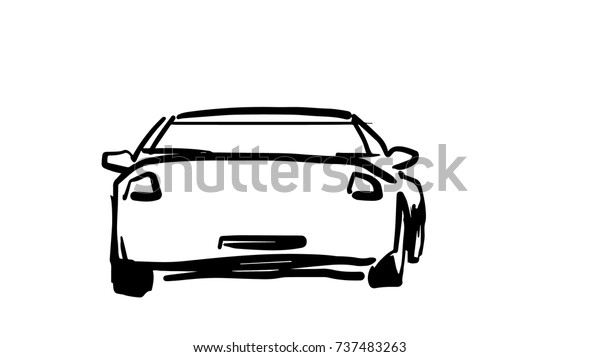 Car back view black and white vector\
sketch, simple drawing isolated at white background.\

