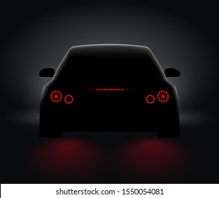 Car back view night light rear led realistic view. Car light in night dark background concept.
