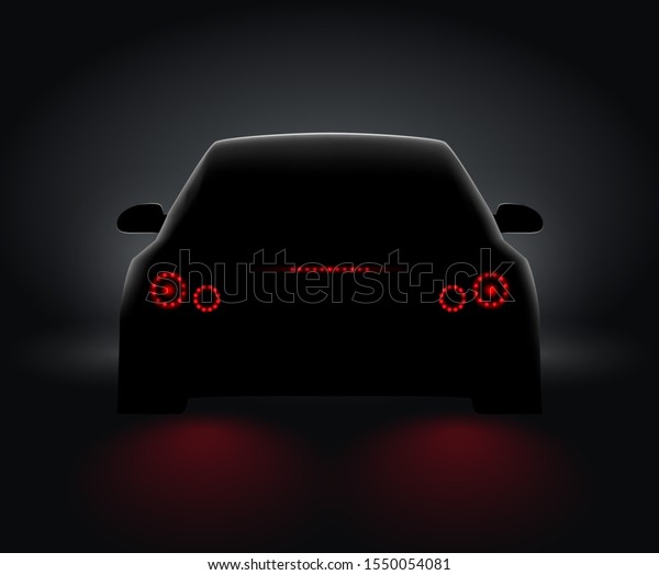 Car back view night light rear\
led realistic view. Car light in night dark background\
concept.