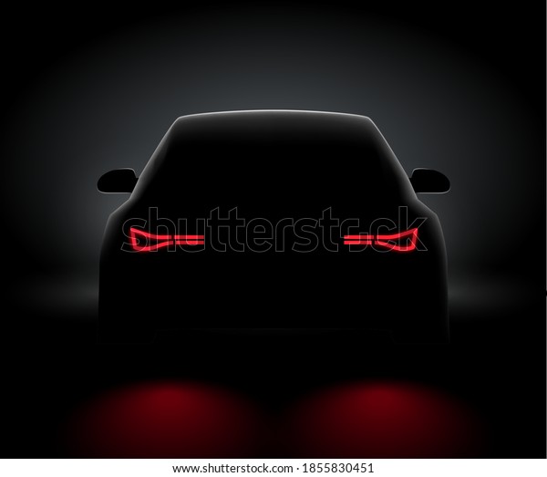 Car back view night light rear\
led realistic view. Car light in night dark background\
concept
