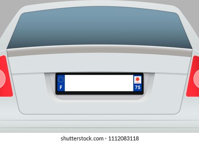 Car Back View with number plate. Vehicle registration plates of France