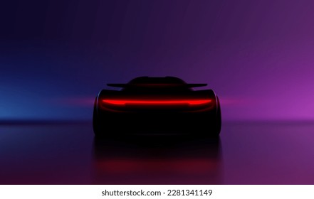 Car back view silhouette with red lights on neon background