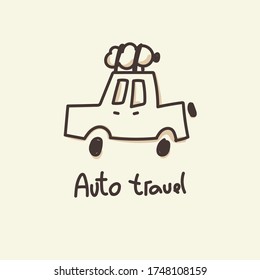 Car with a bag on the roof isolated background. The concept of travel. It's time to rest, nature. Picnic, camping on the lake. Holiday card. Hello summer. Auto travel logo. Doodle. Vector.