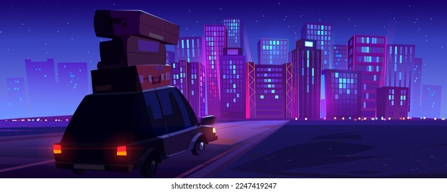 Car with baggage driving road to big city at night. Cartoon vector illustration of auto heading for modern town with skyscrapers glowing in darkness with neon light illumination under starry sky