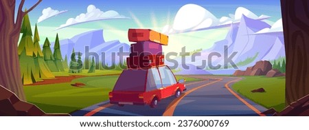 Car with baggage driving towards mountains. Vector cartoon illustration of auto with suitcases on roof riding on highway, forest trees and green grass, sunny sky with clouds, family weekend travel