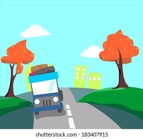 Car with baggage on road. Driving away from the city