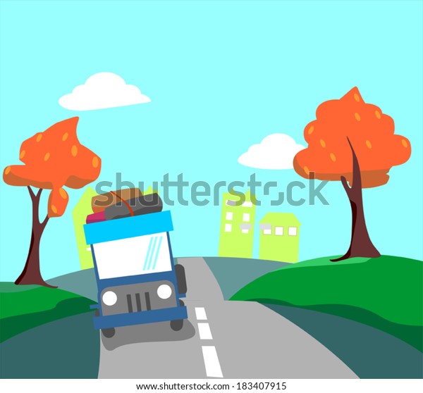 Car with\
baggage on road. Driving away from the\
city