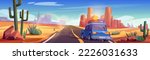 Car with baggage on top driving desert road to rocky canyon. Cartoon vector illustration of sandy wasteland landscape with cactus and long asphalt highway under blue sky. Family travel for weekend