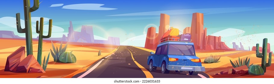 Mit Gepäck auf der obersten Straße der Wüste zum felsigen Canyon. Cartoon, Vektorgrafik der sandigen Ödland-Landschaft mit Kaktus und langen Asphaltstraßen unter blauem Himmel. Familienreisen am Wochenende