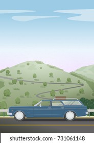 Car with baggage on the top. Mountain landscape. Retro style poster. Vector illustration.
