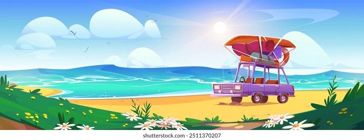 Car with baggage on top parked on summer beach. Vector cartoon illustration of sunny seascape with sand, flowers and grass, travel luggage and boat on auto, family vacation background, sun in sky