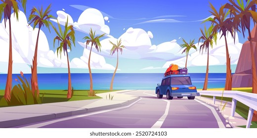 Auto mit Gepäck in Koffern auf dem Dach Fahrstraße zum Meer oder Meer. Cartoon Vektorgrafik der tropischen Landschaft mit Auto auf der Autobahn, felsigen Klippen Berg und Palmen, Wasser am Horizont.