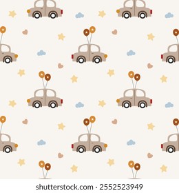 Car and balloon cartoon so cute. On cloud star heart background. Pattern seamless vector illustration. 
