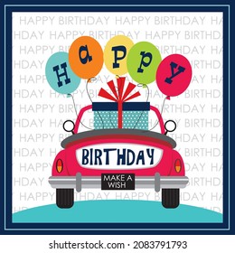 Car and balloon illustration for birthday card