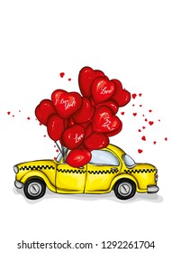 Car with balloons in the shape of hearts. Taxi. Vector illustration for greeting card or poster. Love, friendship, Valentine's Day.