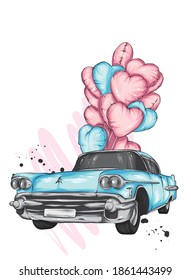 Coche con globos en forma de corazones. Ilustración vectorial para tarjeta de saludo o afiche. Amor, amistad, Día de San Valentín.