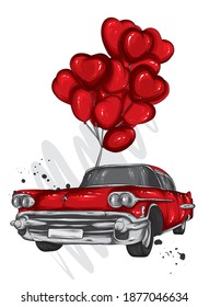 Car with balloons in the shape of hearts. Vector illustration for greeting card or poster. Love, friendship, Valentine's Day.