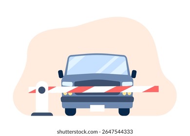 Car barrier. Auto parking concept, park zone with red white stripes closed barrier. Automobile passes on paid parking, stop border recent vector flat scene