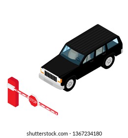 Car barrier gate and car isometric view isolated on white background. Entry system concept