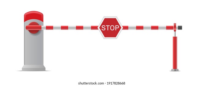 Car barrier with stop sign. Construction barricade, road block for parking entrance. Realistic 3d vector illustration