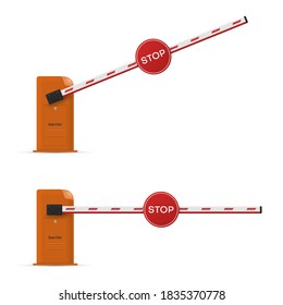 Car barrier with stop traffic sign realistic set. Open, closed positions. Passage prohibited or permitted. Boom gate blocking access. Vector barrier illustration isolated on white background.