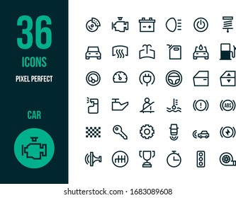 Car with basic automotive symbols, minimal icon set.	
