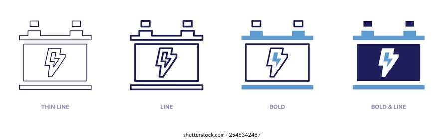 Auto-Batterien-Symbol in 4 verschiedenen Stilen. Dünne Linie, Linie, Fett und Fette Linie. Duotone-Stil. Bearbeitbarer Strich.