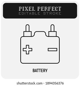 Car battery or accumulator thin line icon. Pixel perfect, editable stroke. Vector illustration.