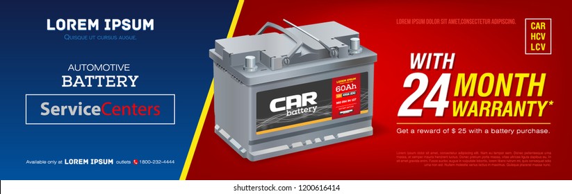 Car battery advertisement poster. 3D illustration realistic vector automobile battery. Banner. Promotion. Information. Store. Sale. Discount. Flyer print. Mock-up. Web design. Brochure. 