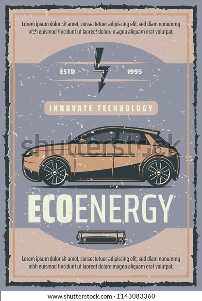 Car battery charge innovation technology vintage
poster of electric vehicle recharge station. Green energy transport
retro banner with electric automobile and battery for eco motor
power design