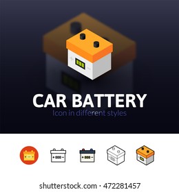 Car battery color icon, vector symbol in flat, outline and isometric style isolated on blur background
