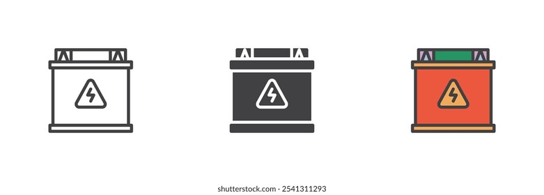 Car Battery different style icon set. Line, glyph and filled outline colorful version, outline and filled vector sign. Accumulator battery symbol, logo illustration. Vector graphics