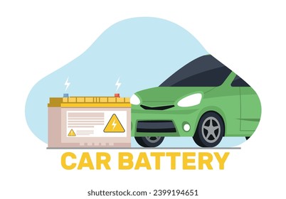 Car battery. Electric automobile. Accumulator energy power and electricity accumulator. Eco friendly vehicle. Modern technology and environment care. Cartoon flat isolated vector concept