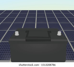 Car battery in front of solar panels. vector