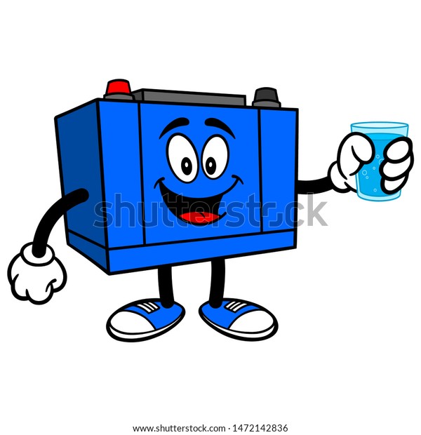 Car Battery with a Glass of Water - A\
cartoon illustration of a Car Battery\
Mascot.