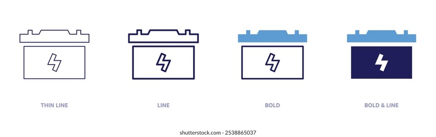 Car battery icon in 4 different styles. Thin Line, Line, Bold, and Bold Line. Duotone style. Editable stroke.