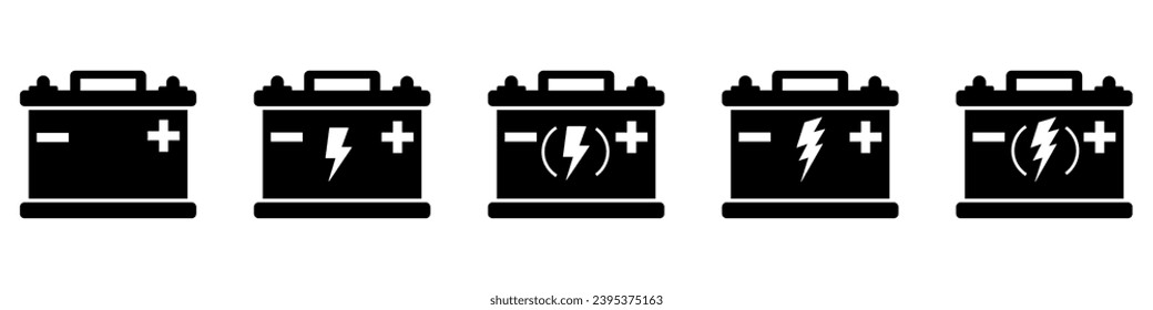 Colección de iconos de la batería del coche. Acumulador de energía. Signo de carga automotriz. Símbolos automáticos de la batería aislados en el fondo blanco. Ilustración vectorial. Gráfico vectorial. EPS 10