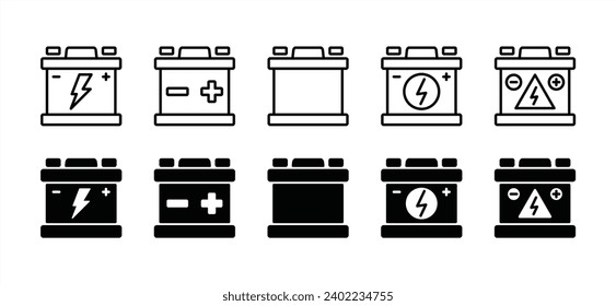 Car battery icon collection. Storage battery or accu battery icon. Energy power accumulator signs and symbol. Vector illustration