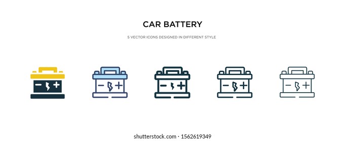 car battery icon in different style vector illustration. two colored and black car battery vector icons designed in filled, outline, line and stroke style can be used for web, mobile, ui