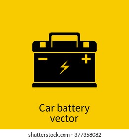 Car battery icon. Element of auto parts. Black silhouette of the car battery on a yellow background. 