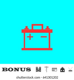 Car battery icon flat. Red pictogram on blue background. Vector illustration symbol and bonus buttons Music center, corkscrew, credit card, house, drum