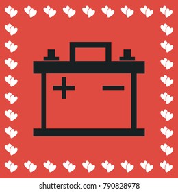 Car battery icon flat. Simple black pictogram on red background with white hearts for valentines day. Vector illustration symbol